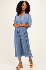 Deep Blue Pleated Satin Dolman Sleeve Maxi Dress