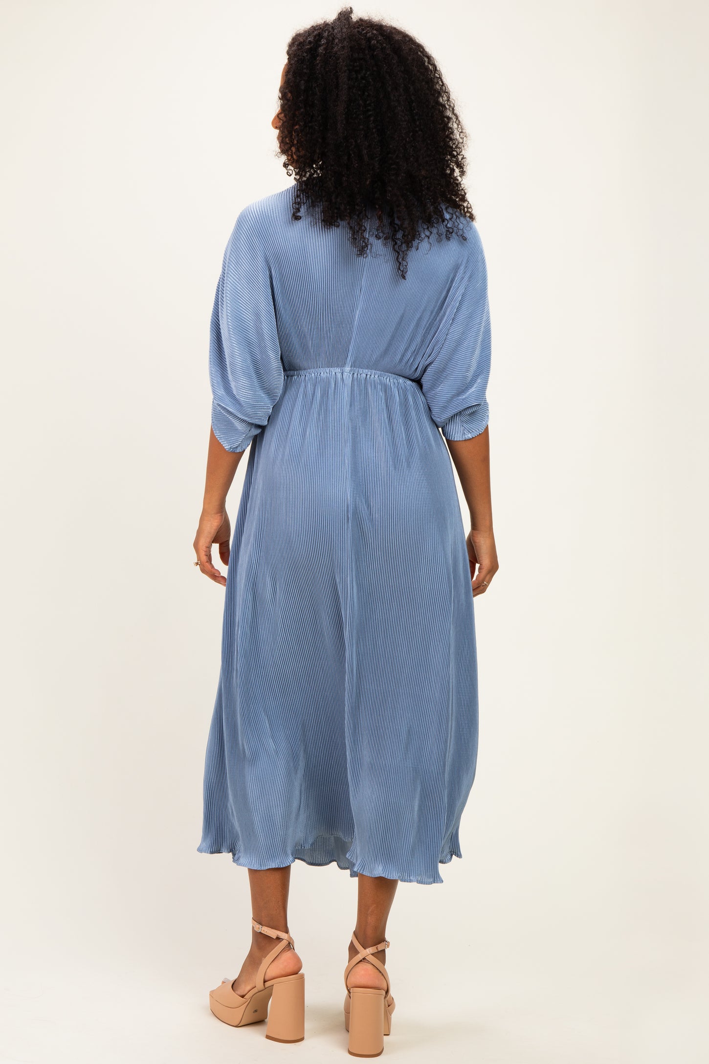 Deep Blue Pleated Satin Dolman Sleeve Maxi Dress