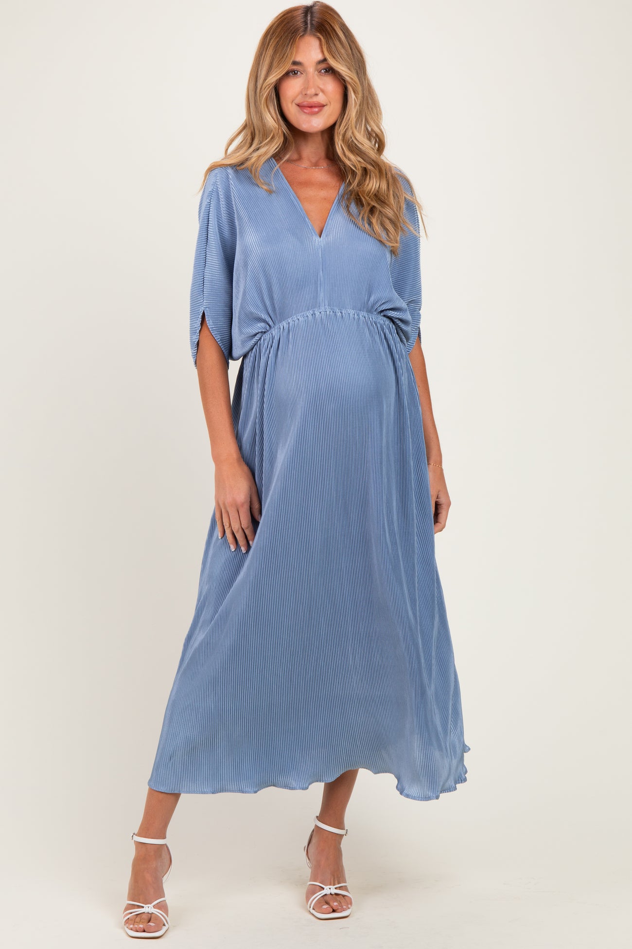 Deep Blue Pleated Satin Dolman Sleeve Maternity Maxi Dress