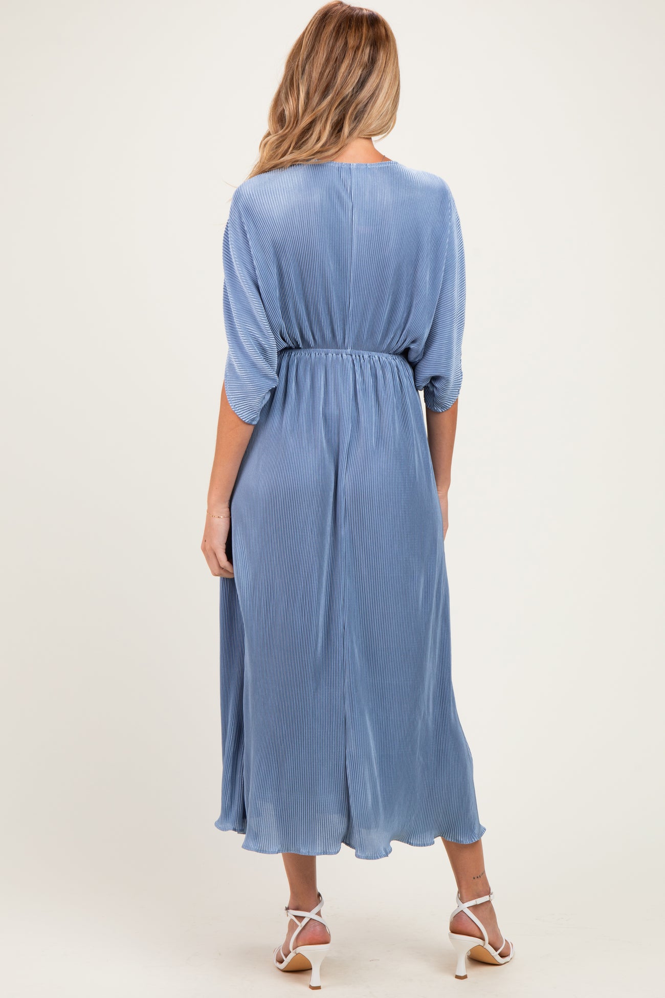Deep Blue Pleated Satin Dolman Sleeve Maternity Maxi Dress