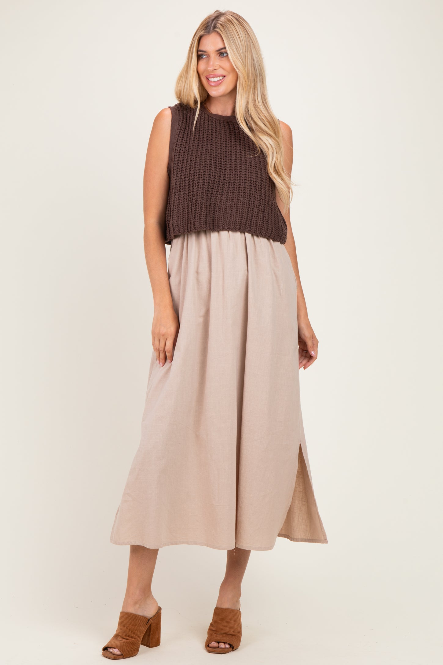 Brown/ Mocha Sleeveless Sweater Top Colorblock Maternity Midi Dress