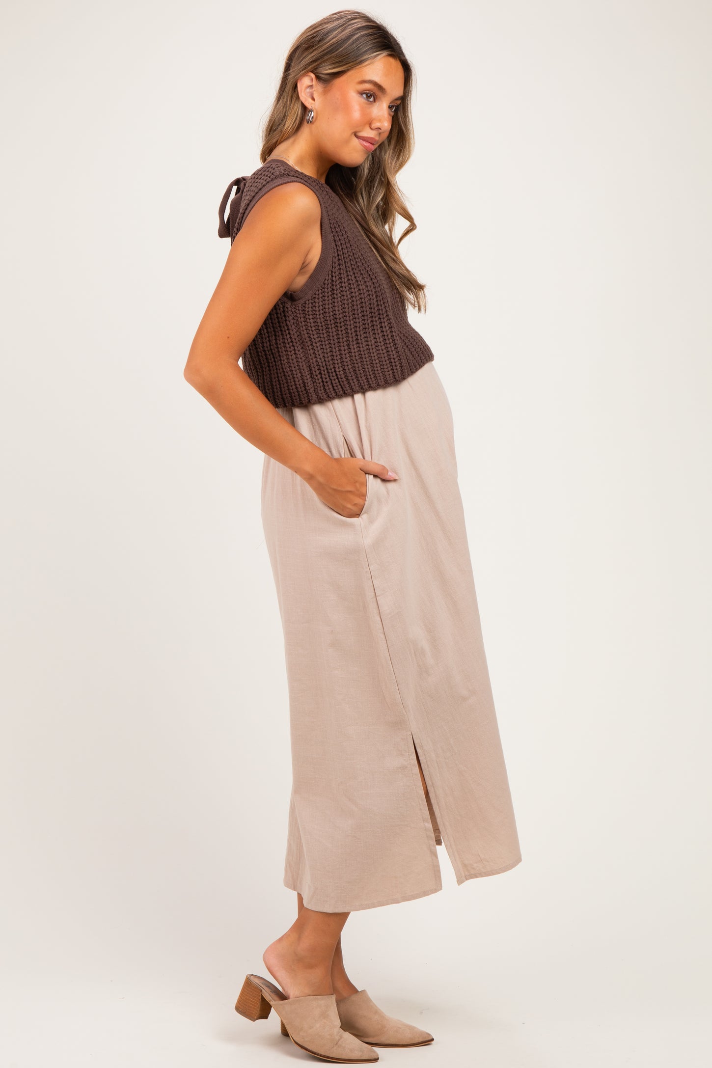Brown/ Mocha Sleeveless Sweater Top Colorblock Maternity Midi Dress