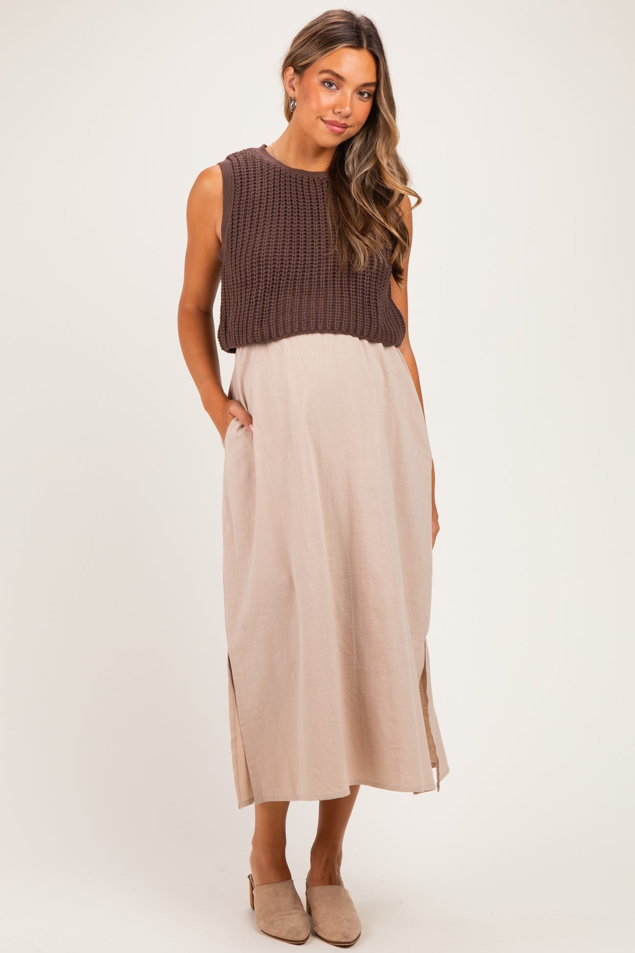 Brown/ Mocha Sleeveless Sweater Top Colorblock Maternity Midi Dress