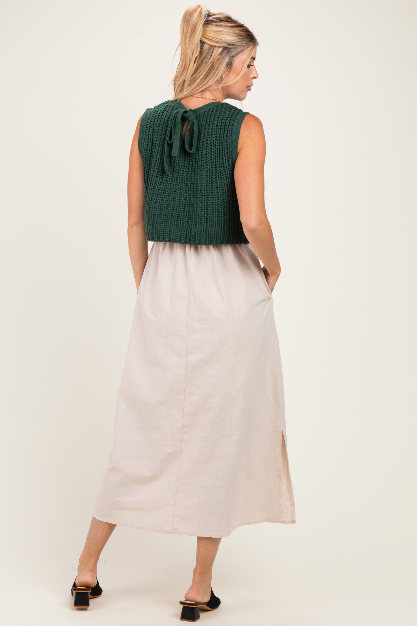 Forest Green/ Taupe Sleeveless Sweater Top Colorblock Midi Dress