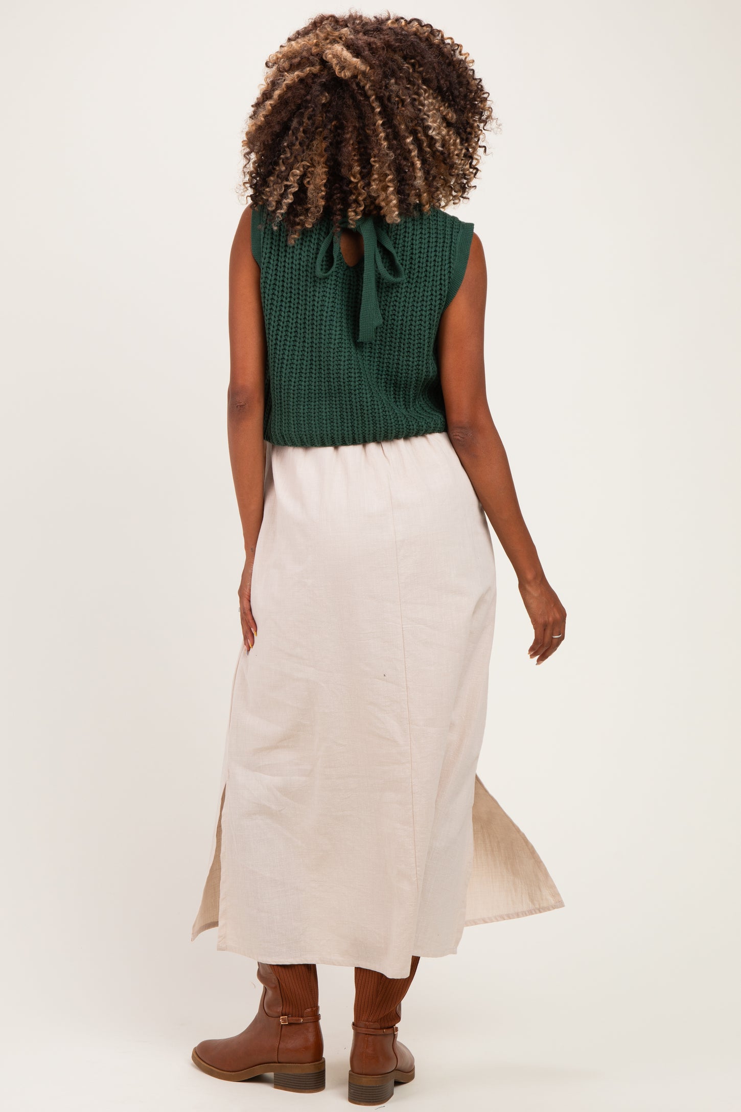 Forest Green/ Taupe Sleeveless Sweater Top Colorblock Maternity Midi Dress