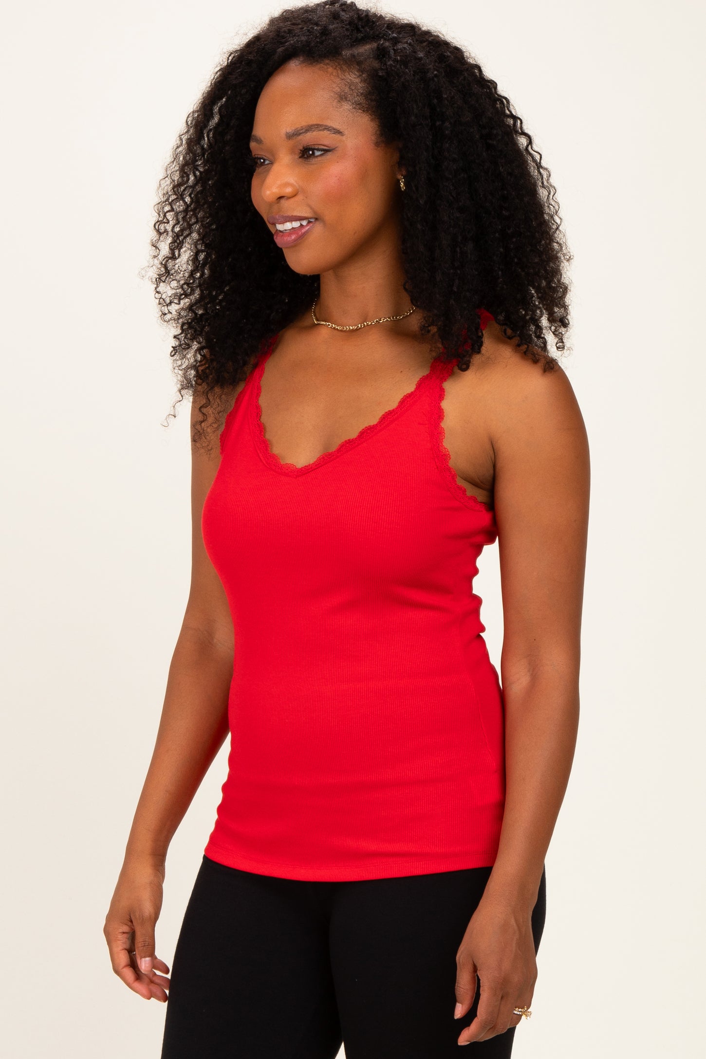 Red Lace Trim Detail Ribbed Knit Tank Top