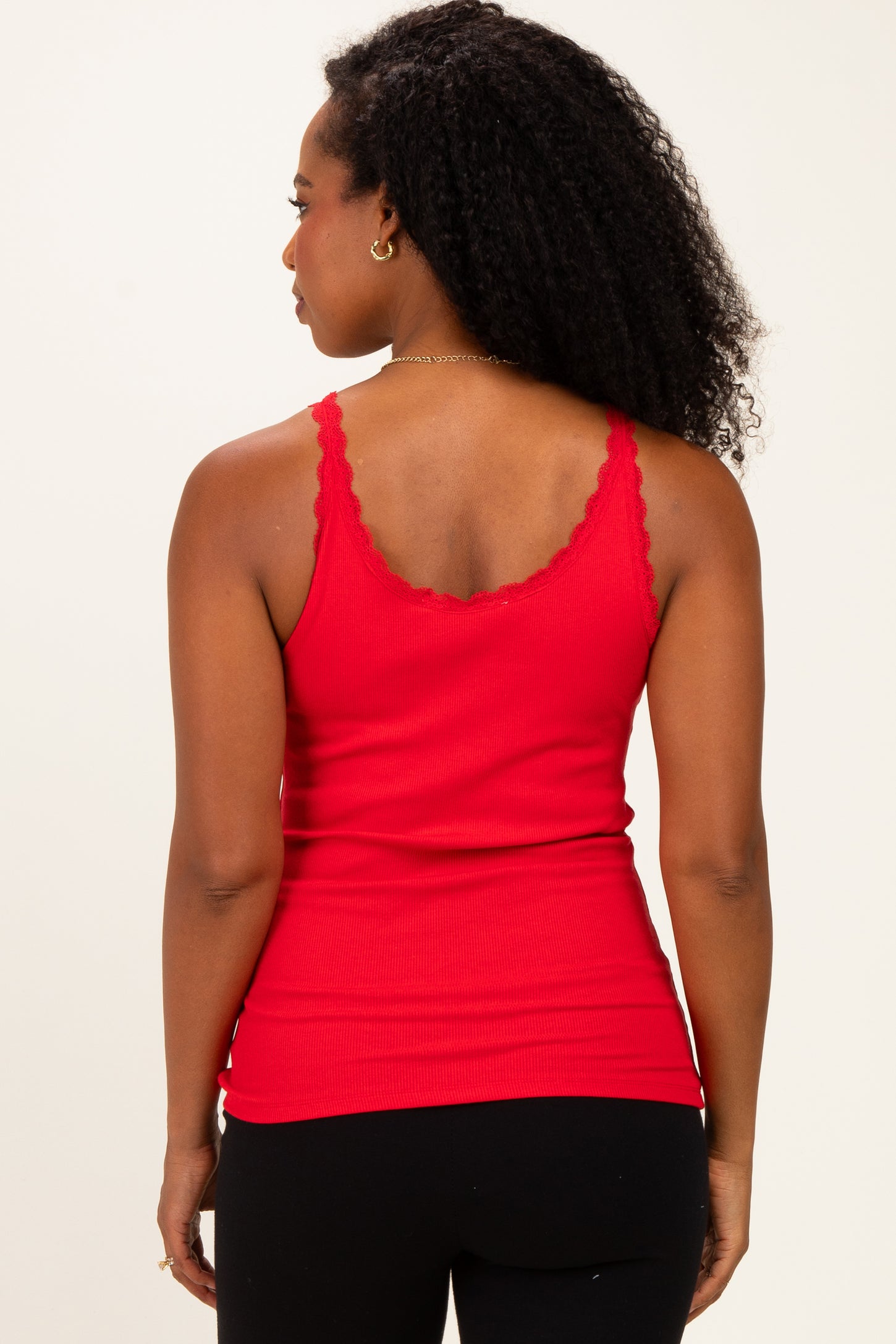 Red Lace Trim Detail Ribbed Knit Tank Top