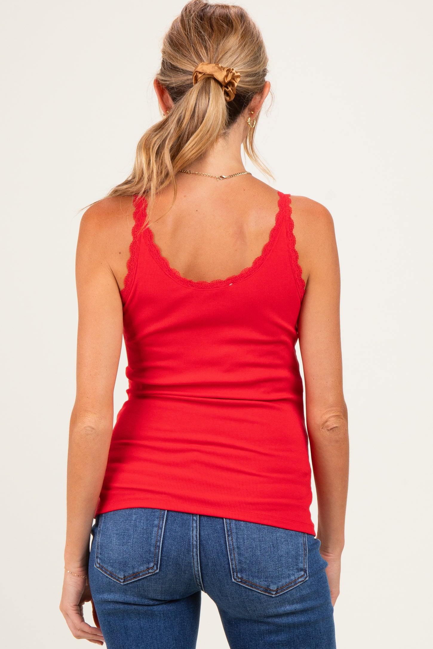 Red Lace Trim Detail Ribbed Maternity Knit Tank Top