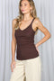Brown Lace Trim Detail Ribbed Knit Tank Top