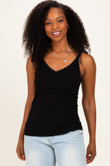 Black Lace Trim Detail Ribbed Knit Tank Top