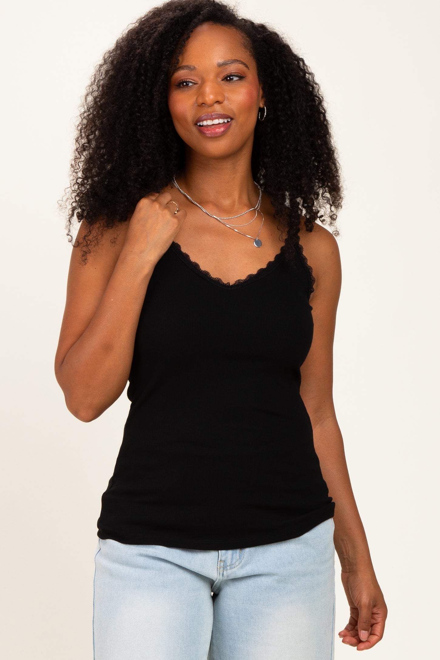 Black Lace Trim Detail Ribbed Knit Tank Top