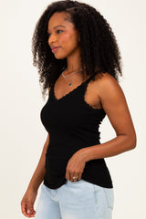 Black Lace Trim Detail Ribbed Knit Tank Top