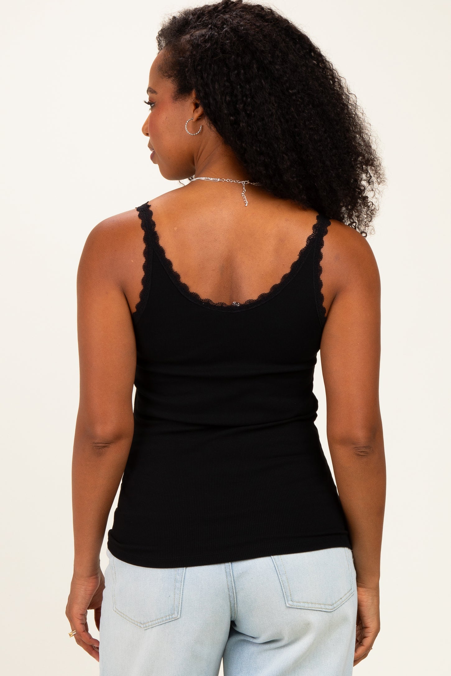 Black Lace Trim Detail Ribbed Knit Tank Top