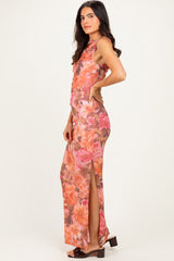 Pink Floral Mesh Ruched Maxi Dress