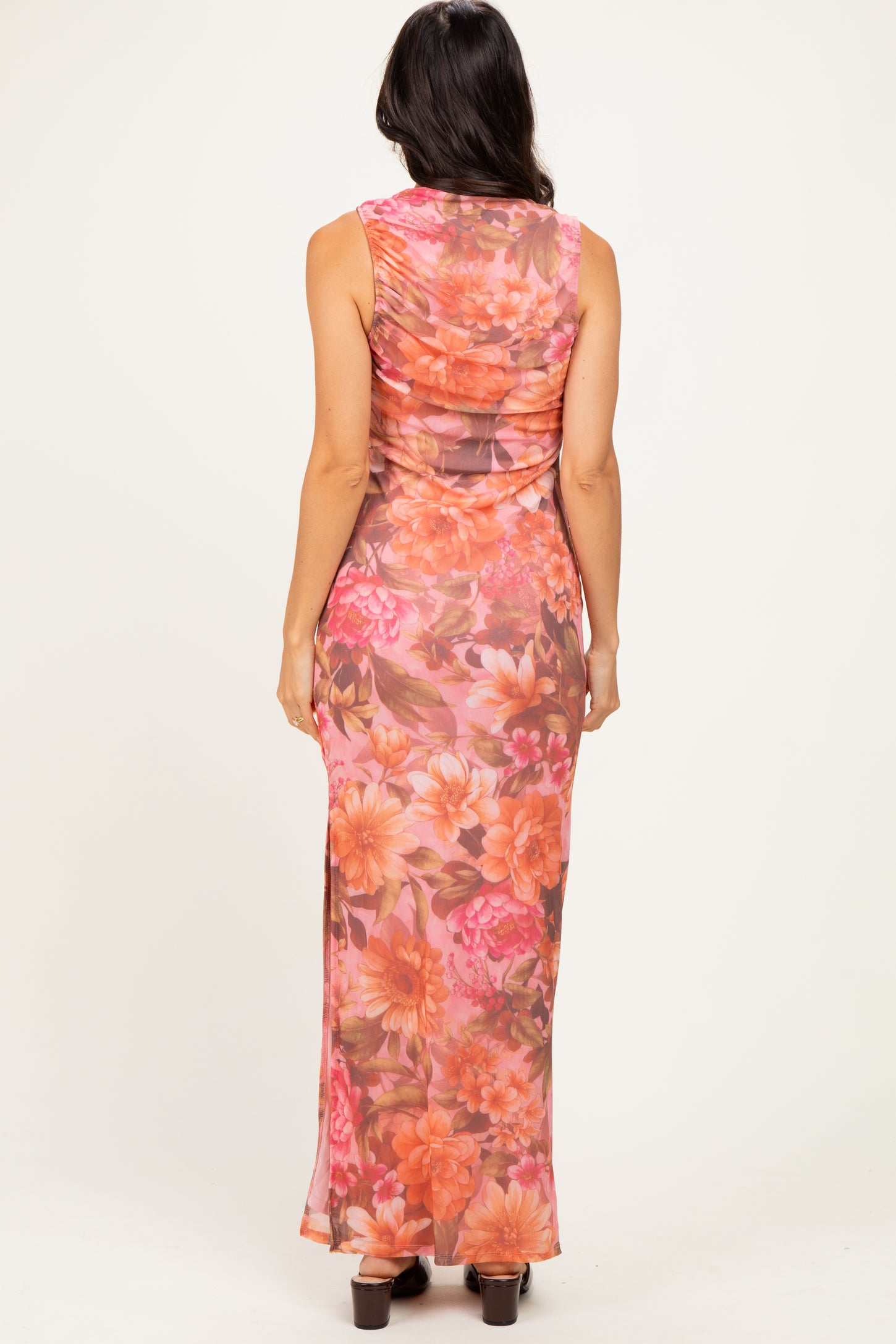 Pink Floral Mesh Ruched Maxi Dress