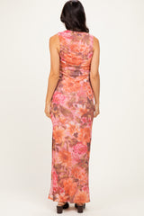 Pink Floral Mesh Ruched Maxi Dress