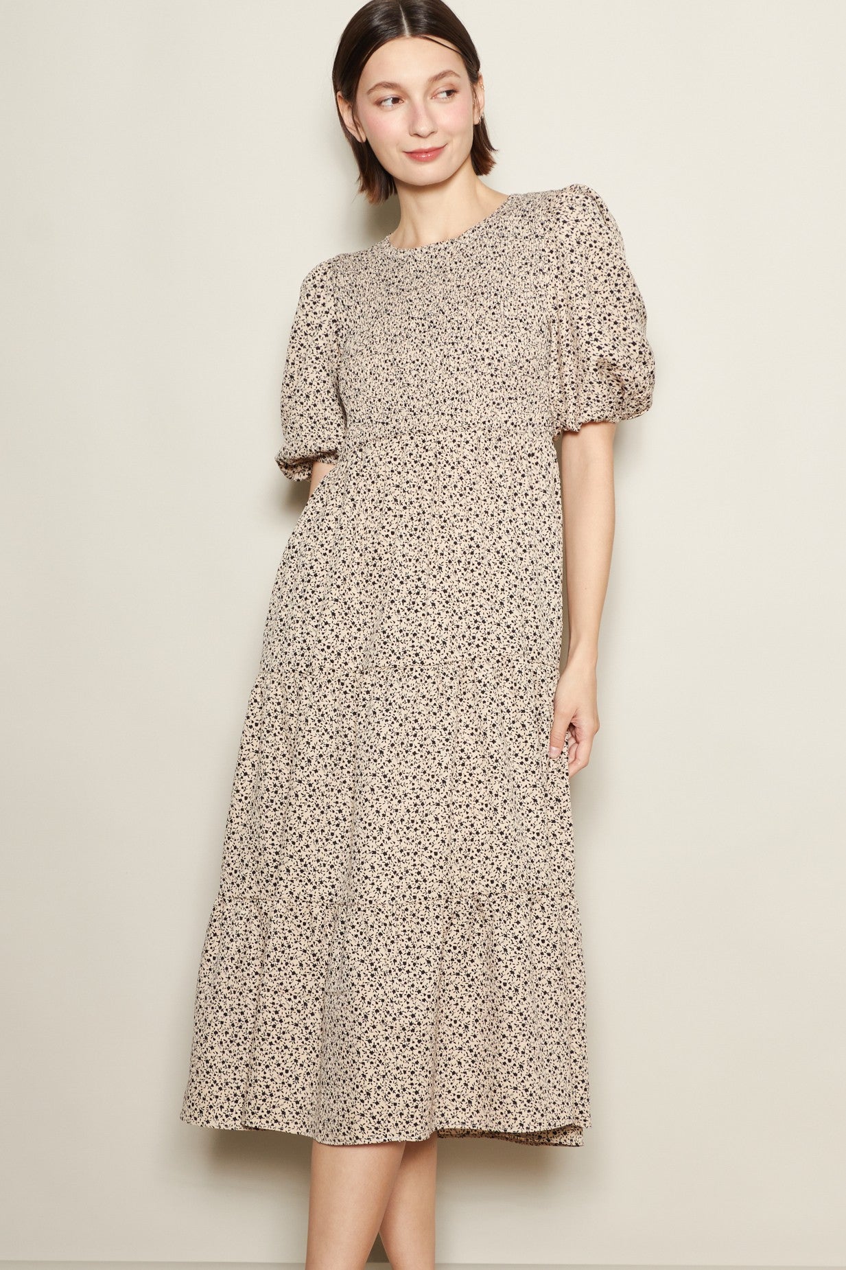 Light Taupe Floral Puff Sleeve Tiered Maternity Midi Dress
