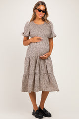 Light Taupe Floral Puff Sleeve Tiered Maternity Midi Dress