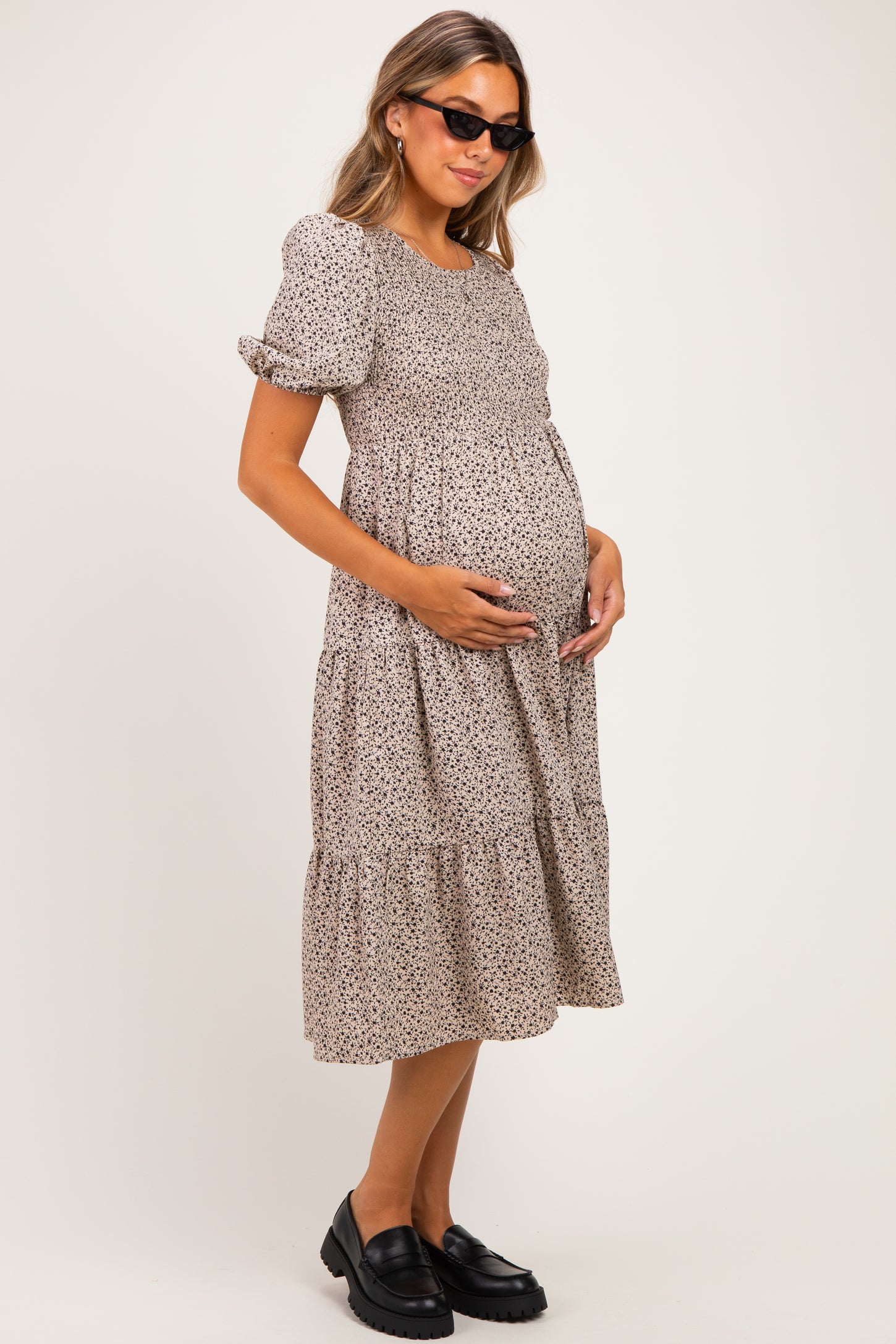 Light Taupe Floral Puff Sleeve Tiered Maternity Midi Dress