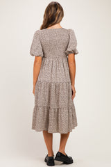 Light Taupe Floral Puff Sleeve Tiered Maternity Midi Dress