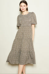 Olive Floral Puff Sleeve Tiered Maternity Midi Dress