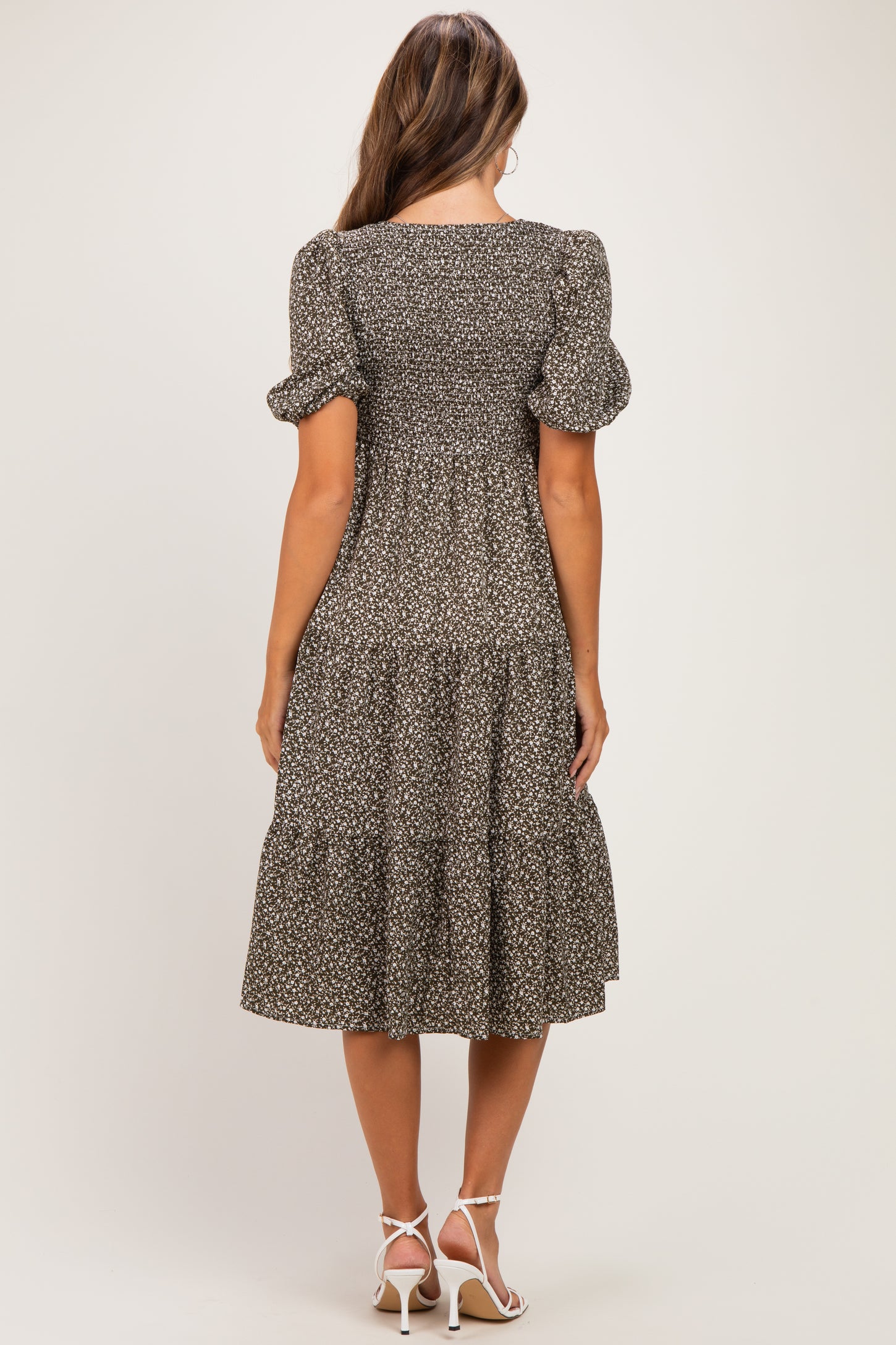 Olive Floral Puff Sleeve Tiered Maternity Midi Dress
