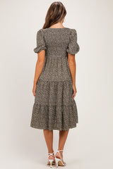Olive Floral Puff Sleeve Tiered Maternity Midi Dress