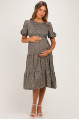 Olive Floral Puff Sleeve Tiered Maternity Midi Dress
