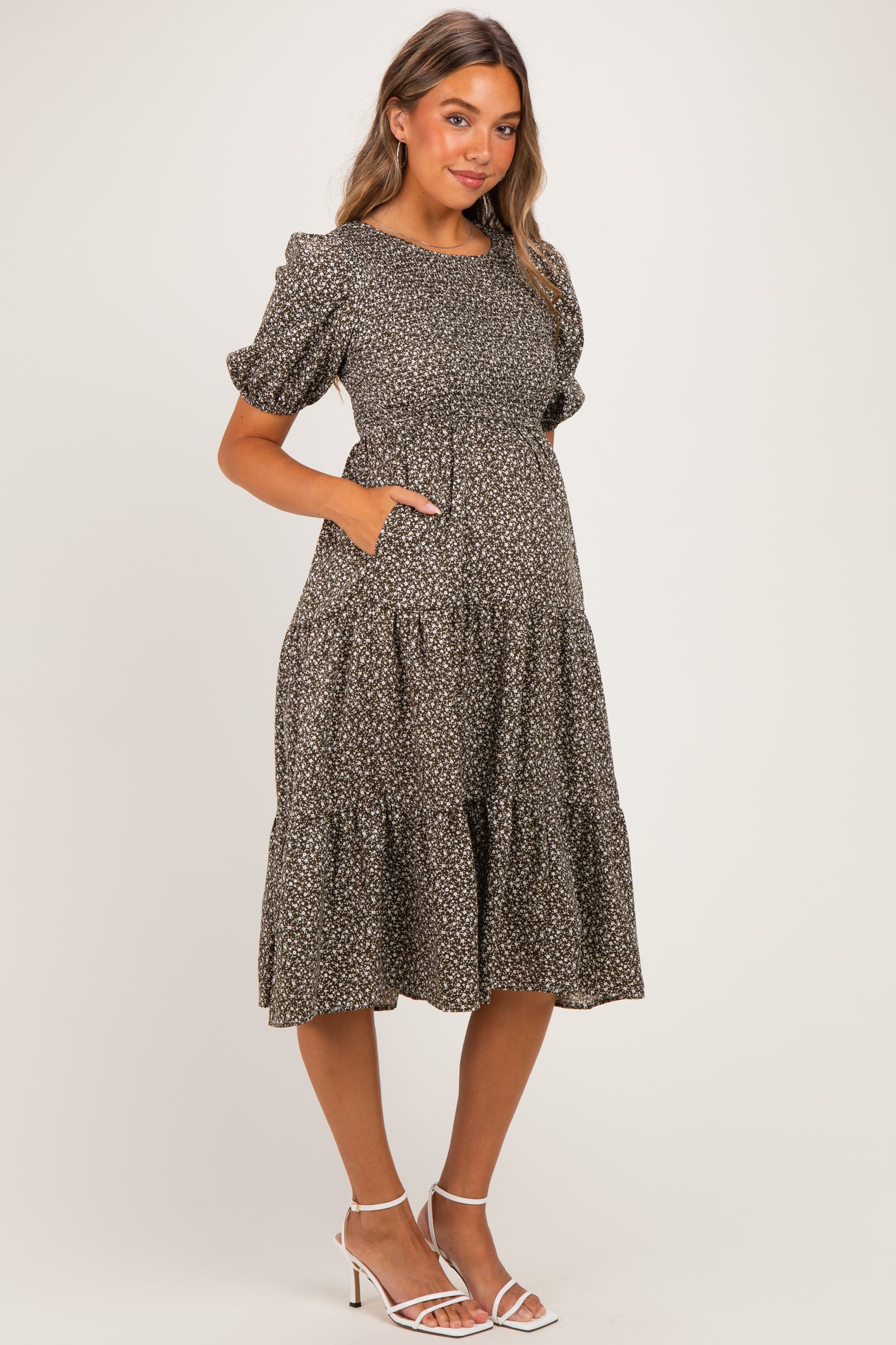 Olive Floral Puff Sleeve Tiered Maternity Midi Dress