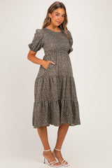 Olive Floral Puff Sleeve Tiered Maternity Midi Dress