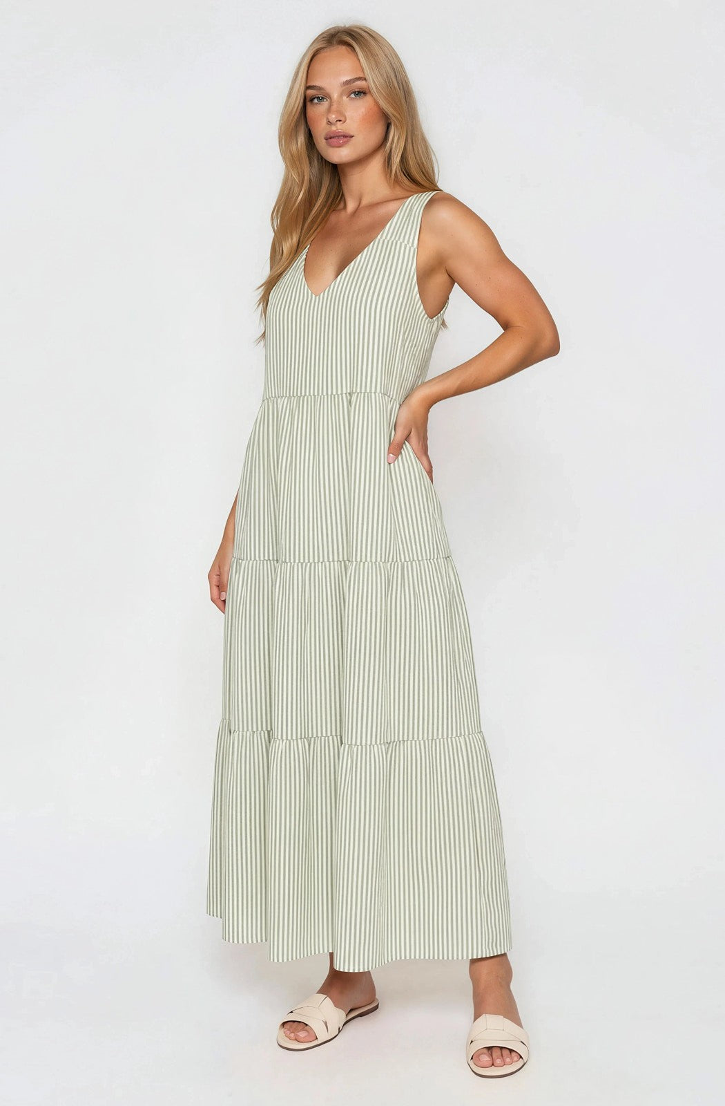 Sage Striped V-Neck Sleeveless Tiered Maternity Maxi Dress