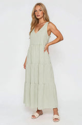 Sage Striped V-Neck Sleeveless Tiered Maternity Maxi Dress