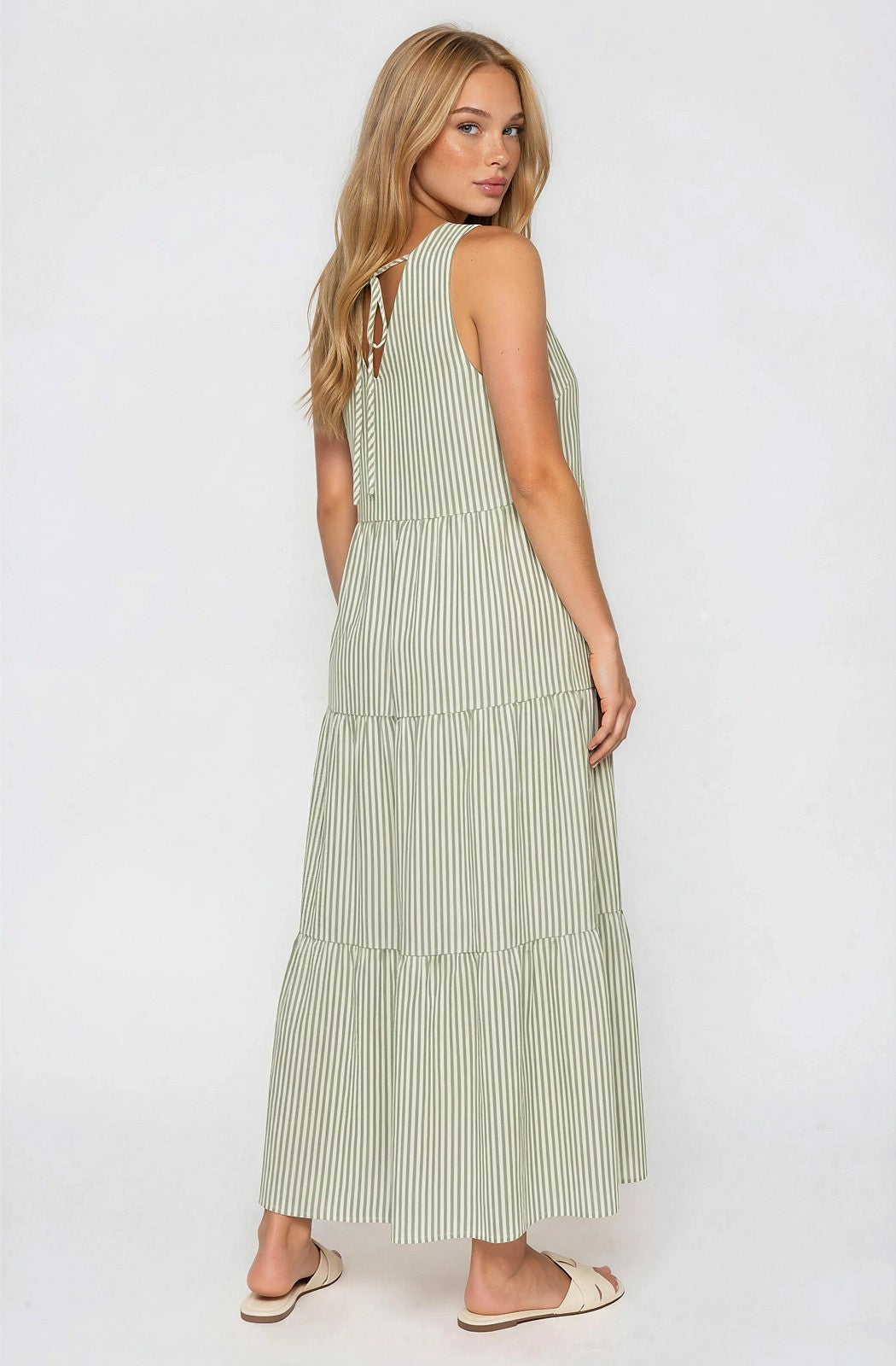 Sage Striped V-Neck Sleeveless Tiered Maxi Dress