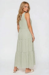 Sage Striped V-Neck Sleeveless Tiered Maxi Dress