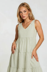 Sage Striped V-Neck Sleeveless Tiered Maxi Dress