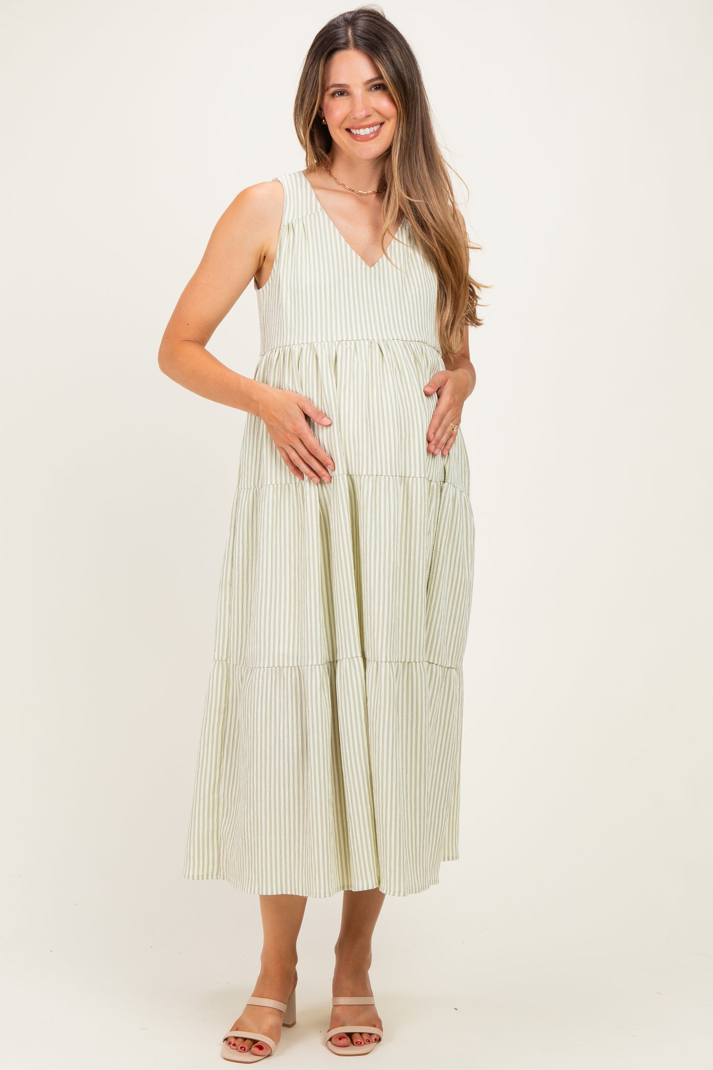 Sage Striped V-Neck Sleeveless Tiered Maternity Maxi Dress