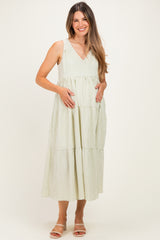 Sage Striped V-Neck Sleeveless Tiered Maternity Maxi Dress
