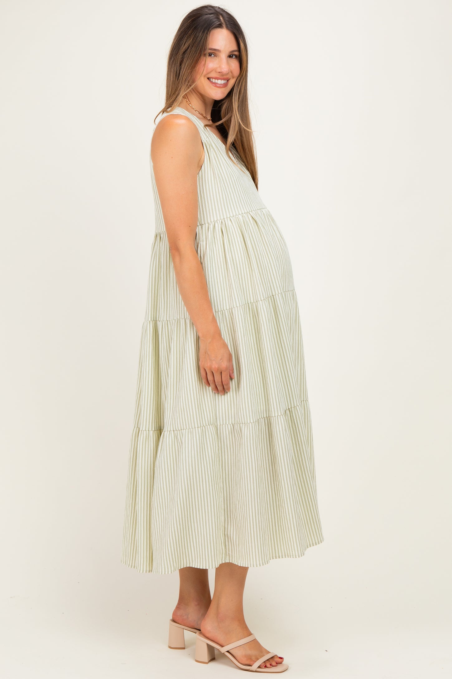 Sage Striped V-Neck Sleeveless Tiered Maternity Maxi Dress