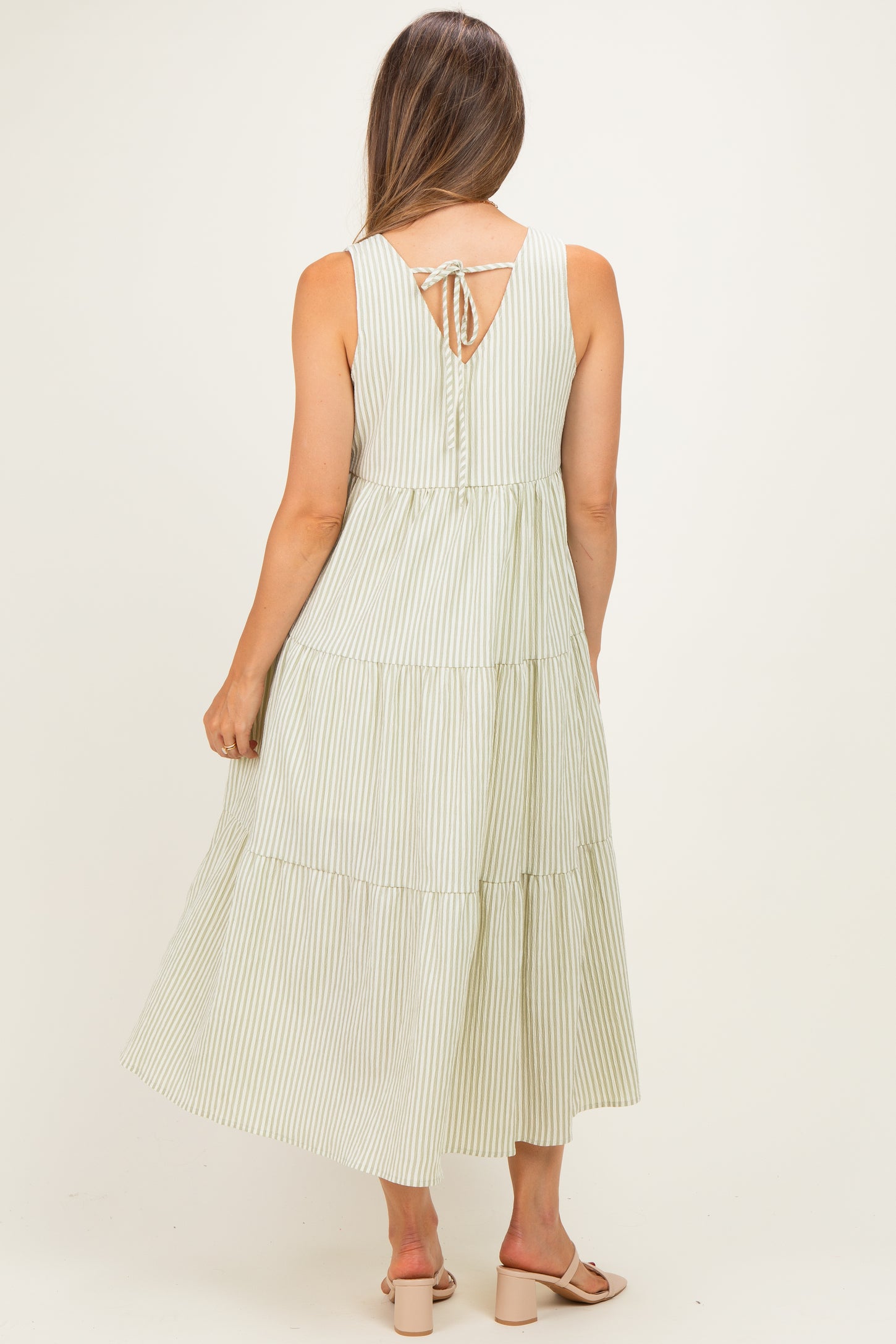 Sage Striped V-Neck Sleeveless Tiered Maternity Maxi Dress