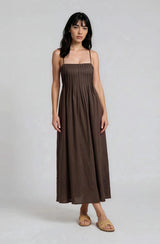 Dark Brown Pintuck Detail Sleeveless Maxi Dress