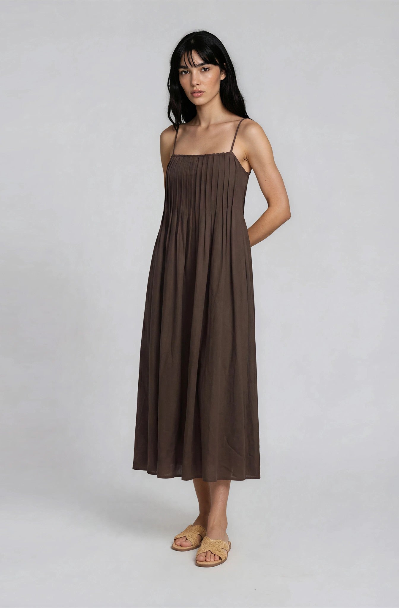 Dark Brown Pintuck Detail Sleeveless Maxi Dress