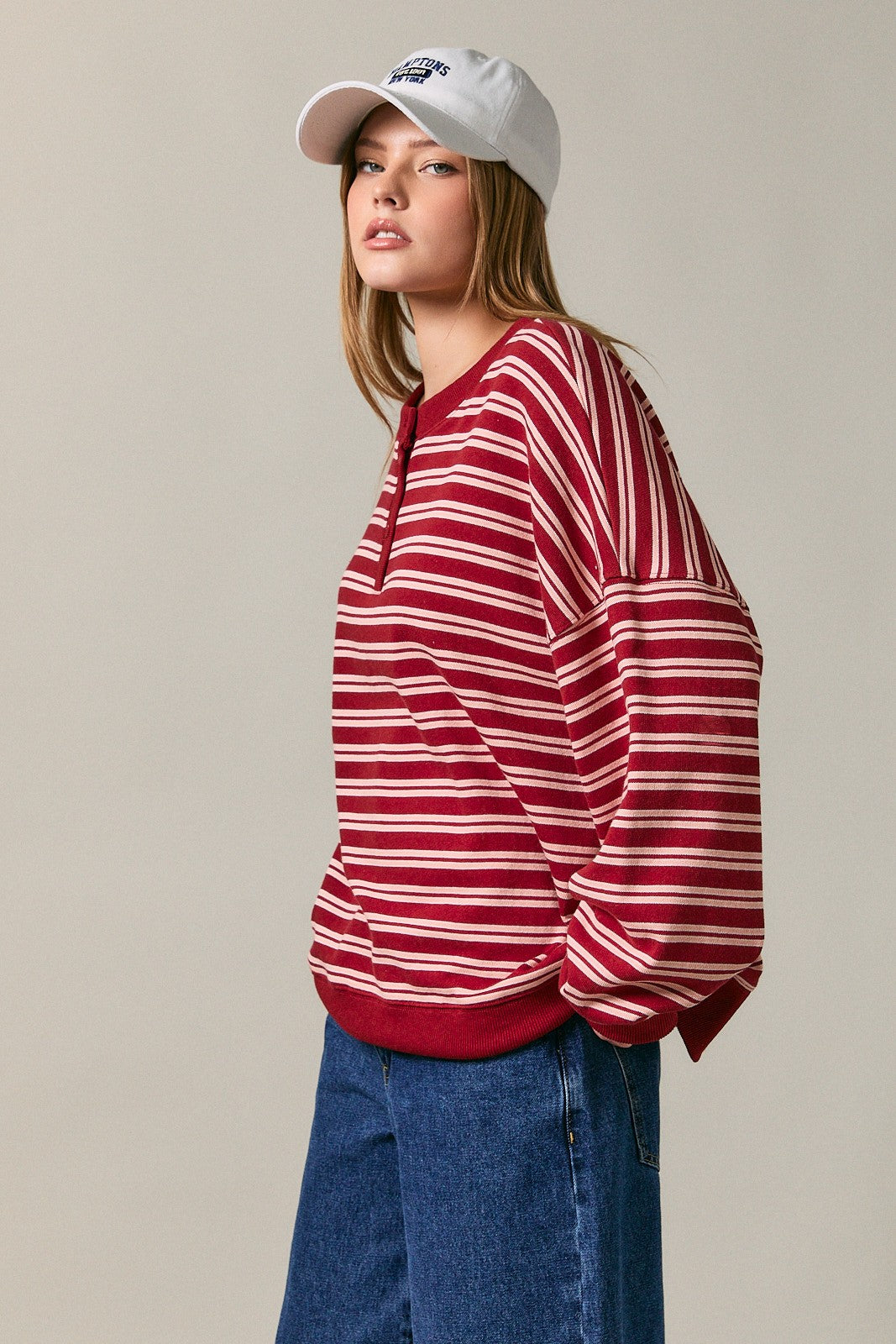 Maroon Striped Oversized Button Sweatshirt