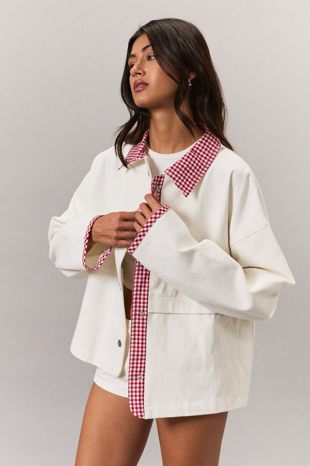 White Red Plaid Contrast Jacket
