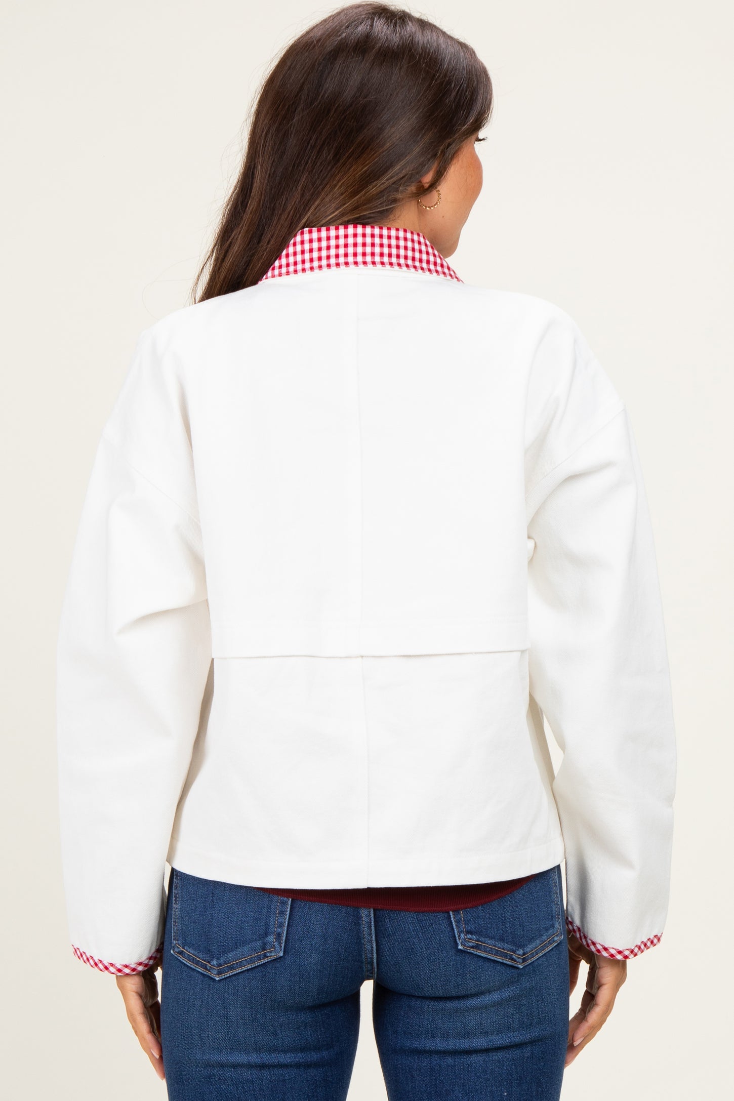 White Red Plaid Contrast Maternity Jacket