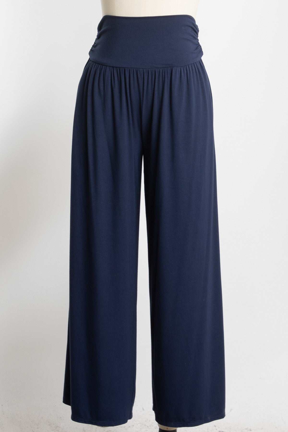navy blue wide-leg lounge pants with a high elastic waistband