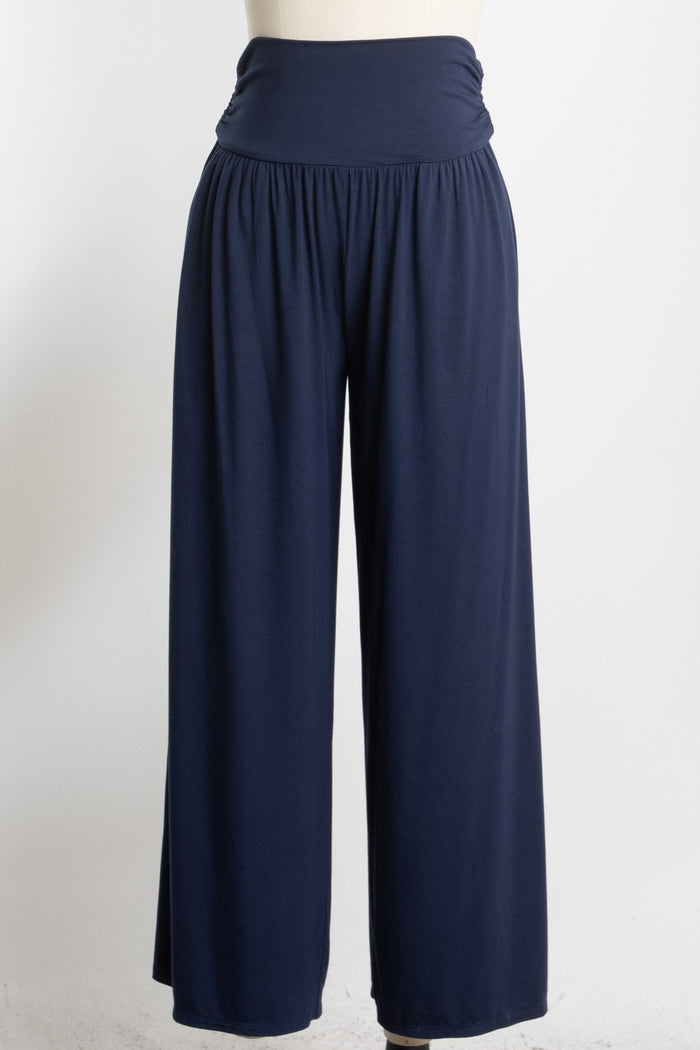 navy blue wide-leg lounge pants with a high elastic waistband