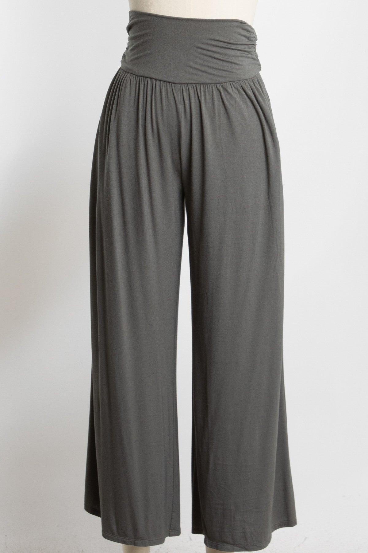 gray wide-leg lounge pants with a smocked waistband on a mannequin