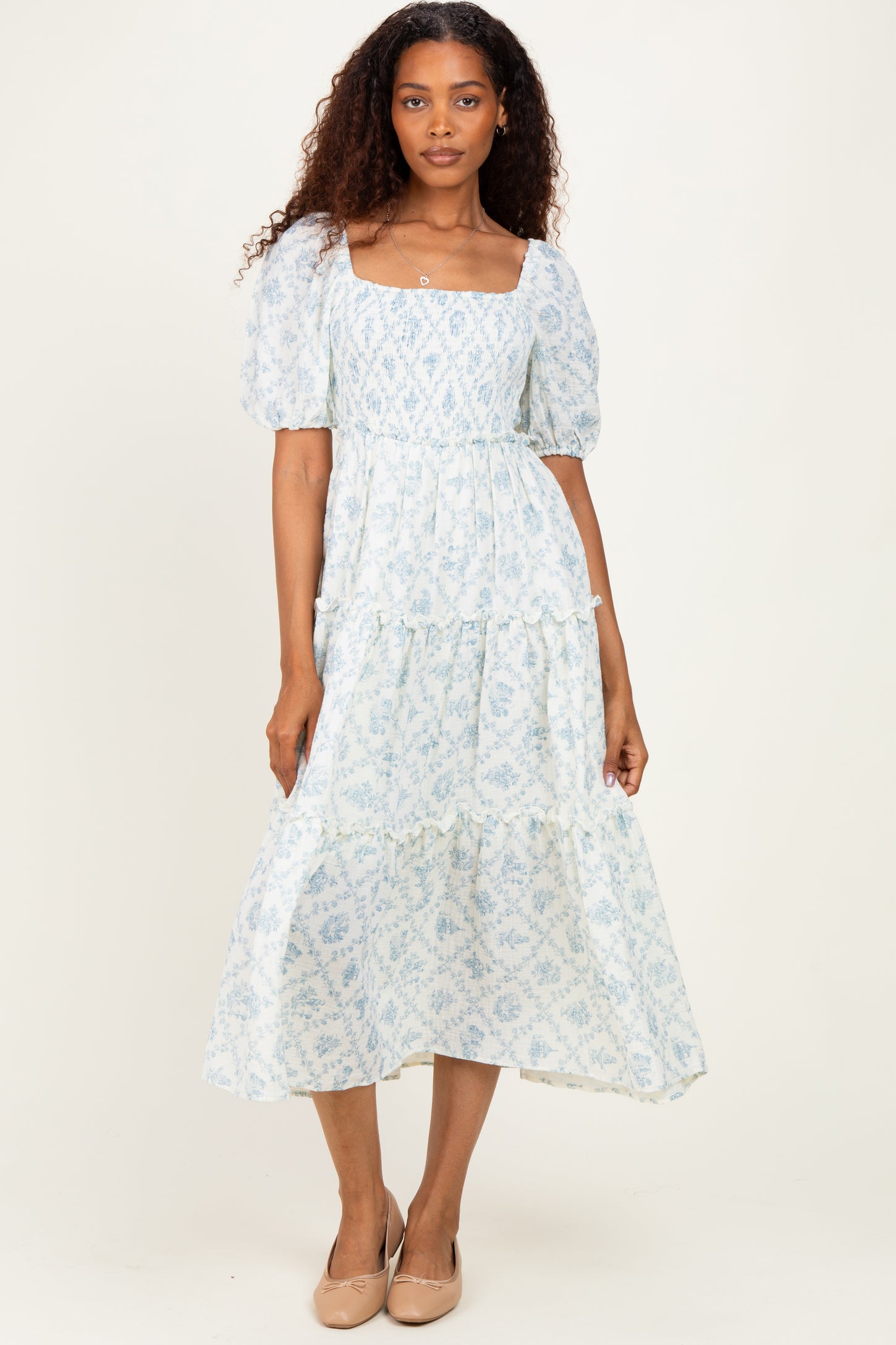 Blue Floral Puff Sleeve Ruffle Tiered Maternity Maxi Dress
