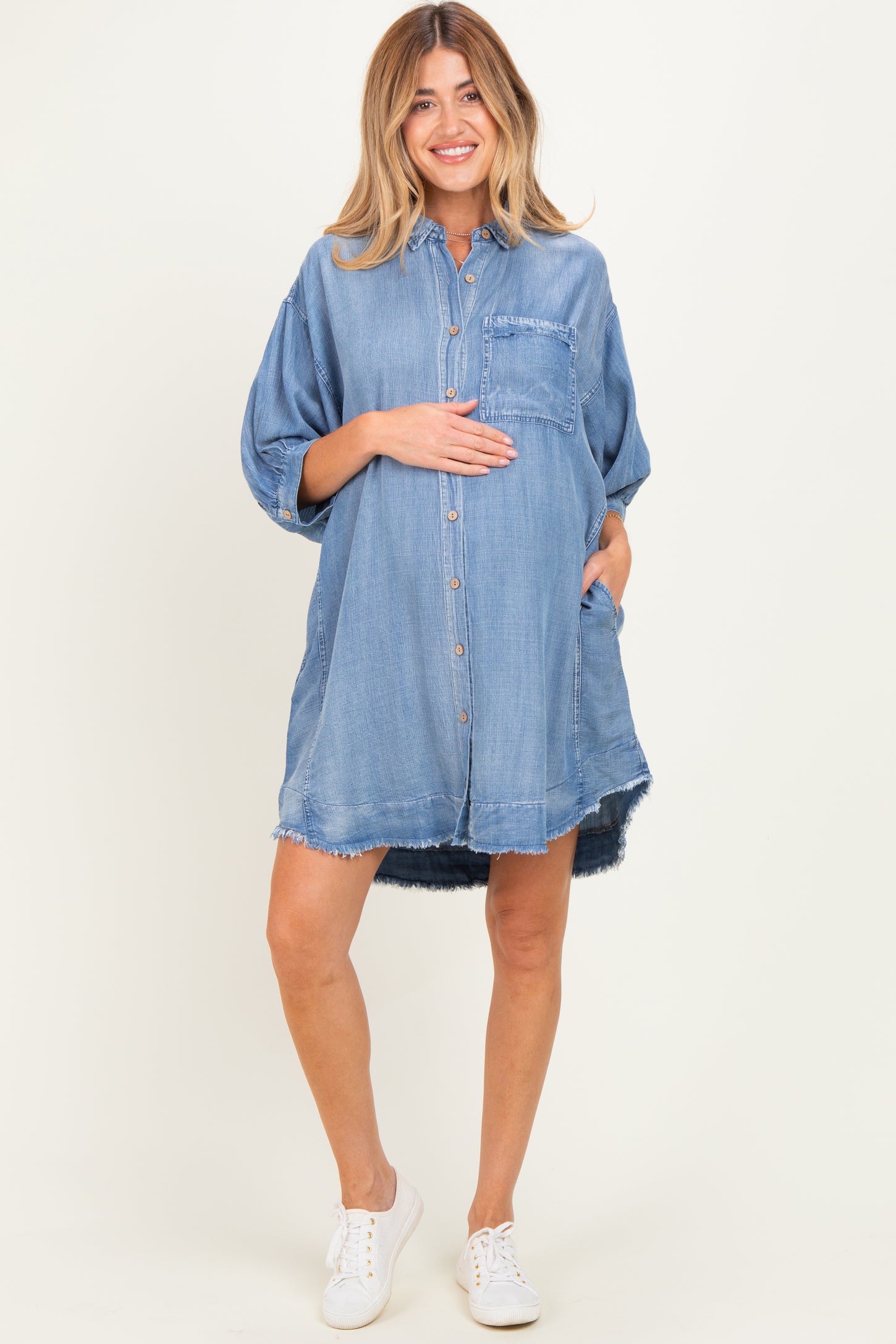 Light Denim Chambray Dolman Sleeve Maternity Shirt Dress