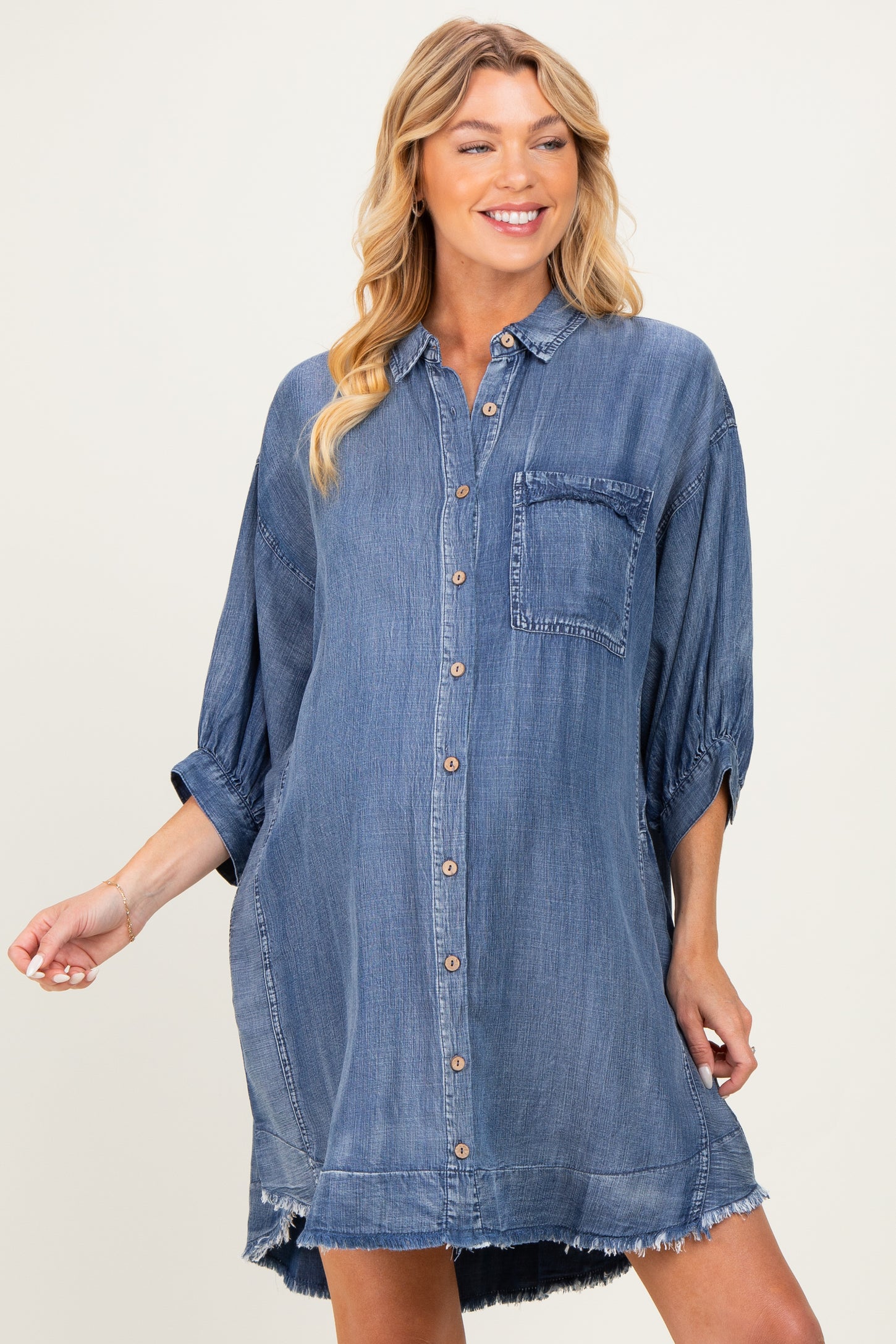 Dark Denim Chambray Dolman Sleeve Maternity Shirt Dress